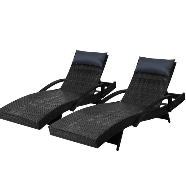 Furniture > Outdoor - Gardeon Set of 2 Sun Lounge Outdoor Furniture Wicker Lounger Rattan Day Bed Garden Patio Black - Garden Yard