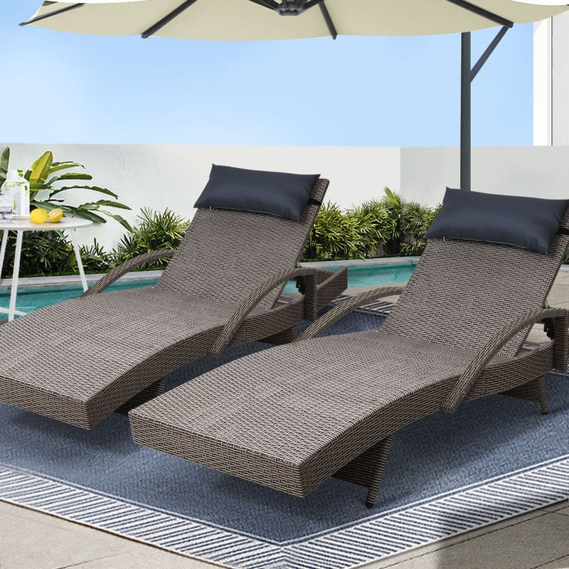 Furniture > Outdoor - Gardeon Set of 2 Sun Lounge Outdoor Furniture Wicker Lounger Rattan Day Bed Garden Patio Grey - Garden Yard