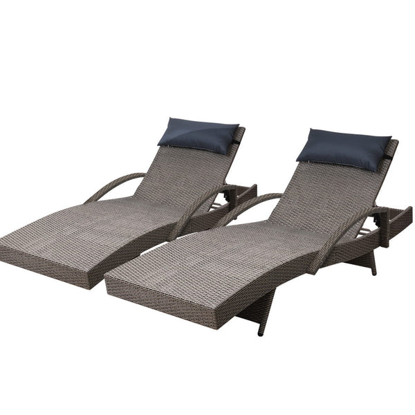 Furniture > Outdoor - Gardeon Set of 2 Sun Lounge Outdoor Furniture Wicker Lounger Rattan Day Bed Garden Patio Grey - Garden Yard