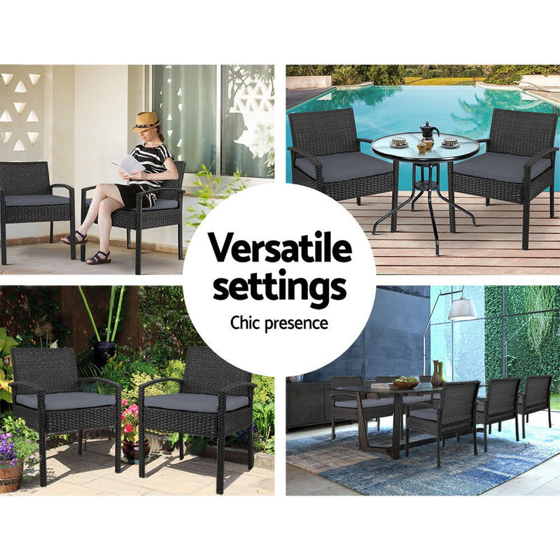 Furniture > Outdoor - Set of 2 Outdoor Dining Chairs Wicker Chair Patio Garden Furniture Lounge Setting Bistro Set Cafe Cushion Gardeon Black - Garden Yard