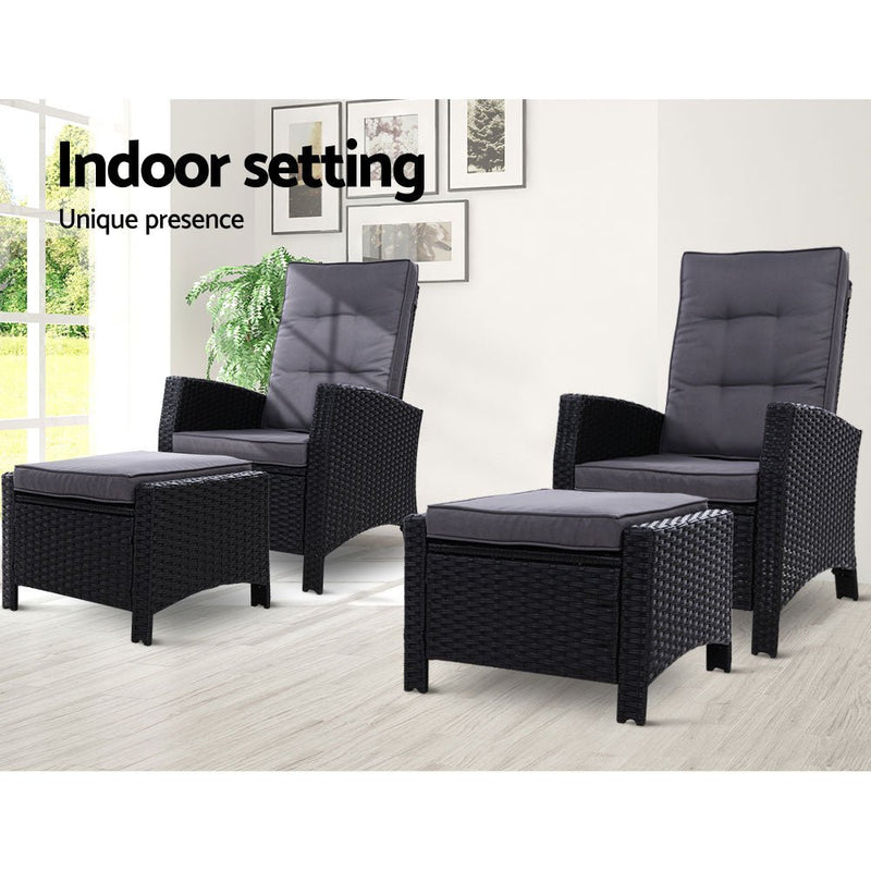 Furniture > Outdoor - Set of 2 Sun lounge Recliner Chair Wicker Lounger Sofa Day Bed Outdoor Chairs Patio Furniture Garden Cushion Ottoman Gardeon - Garden Yard
