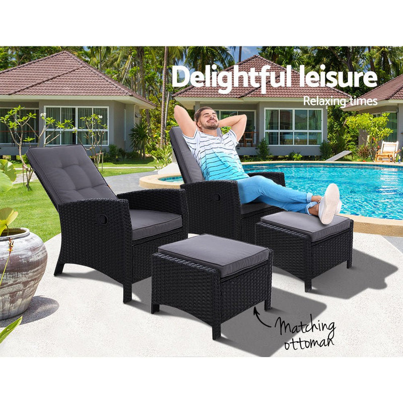 Furniture > Outdoor - Set of 2 Sun lounge Recliner Chair Wicker Lounger Sofa Day Bed Outdoor Chairs Patio Furniture Garden Cushion Ottoman Gardeon - Garden Yard