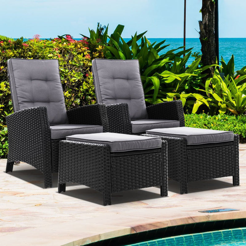 Furniture > Outdoor - Set of 2 Sun lounge Recliner Chair Wicker Lounger Sofa Day Bed Outdoor Chairs Patio Furniture Garden Cushion Ottoman Gardeon - Garden Yard