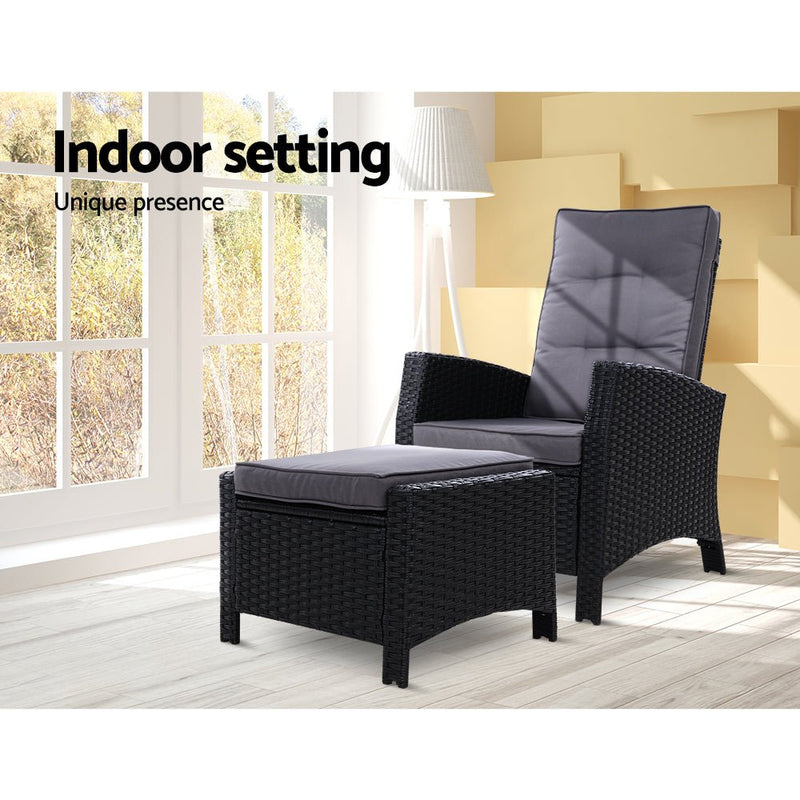 Furniture > Outdoor - Sun lounge Recliner Chair Wicker Lounger Sofa Day Bed Outdoor Furniture Patio Garden Cushion Ottoman Black Gardeon - Garden Yard