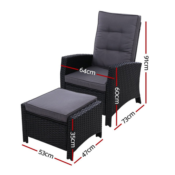 Furniture > Outdoor - Sun lounge Recliner Chair Wicker Lounger Sofa Day Bed Outdoor Furniture Patio Garden Cushion Ottoman Black Gardeon - Garden Yard