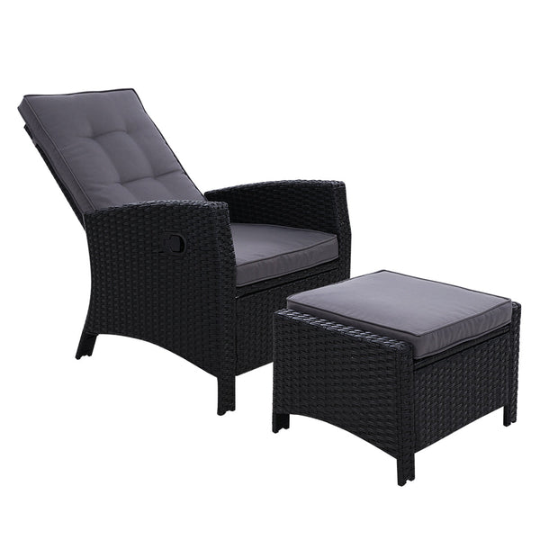 Furniture > Outdoor - Sun lounge Recliner Chair Wicker Lounger Sofa Day Bed Outdoor Furniture Patio Garden Cushion Ottoman Black Gardeon - Garden Yard