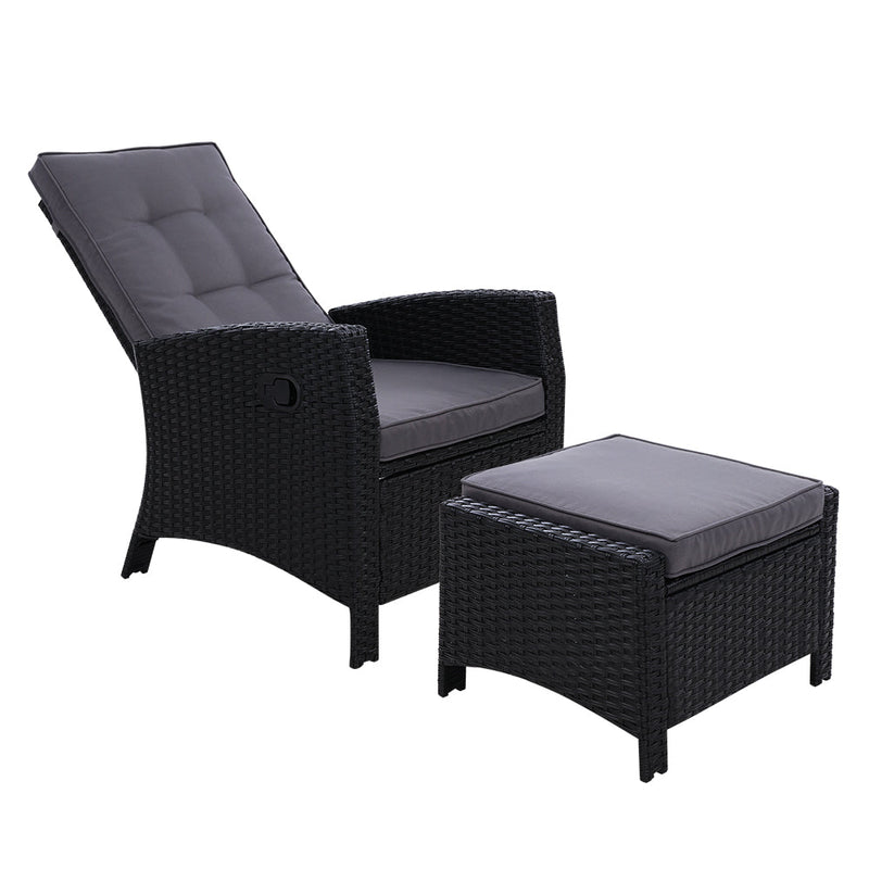 Furniture > Outdoor - Sun lounge Recliner Chair Wicker Lounger Sofa Day Bed Outdoor Furniture Patio Garden Cushion Ottoman Black Gardeon - Garden Yard