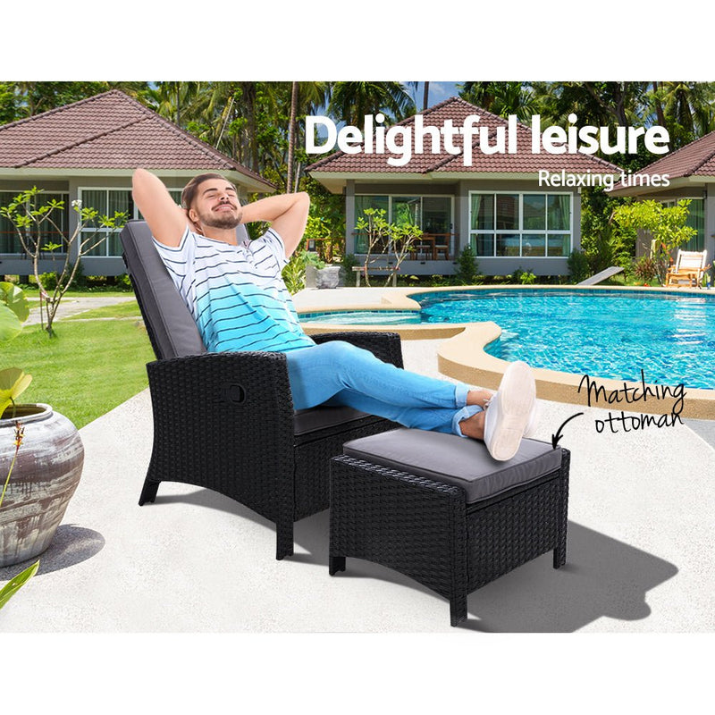 Furniture > Outdoor - Sun lounge Recliner Chair Wicker Lounger Sofa Day Bed Outdoor Furniture Patio Garden Cushion Ottoman Black Gardeon - Garden Yard