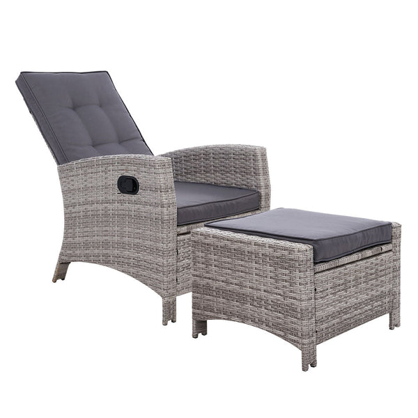 Furniture > Outdoor - Sun lounge Recliner Chair Wicker Lounger Sofa Day Bed Outdoor Furniture Patio Garden Cushion Ottoman Grey Gardeon - Garden Yard