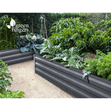 Galvanised raised planter filled with soil, growing fresh veggies and herbs