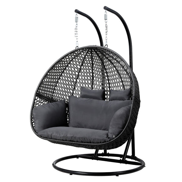 Home & Garden > Garden Furniture - Gardeon Outdoor Egg Swing Chair Hanging Pod Chair Wicker Cushion 2 Person Grey - Garden Yard