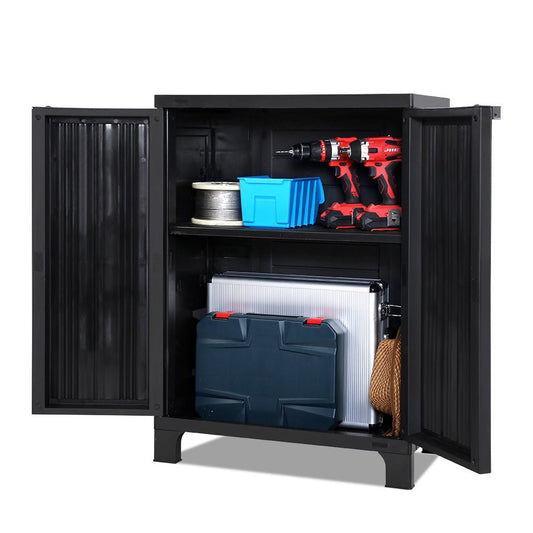 Home & Garden > Storage - Gardeon Outdoor Storage Cabinet Box 92cm Lockable Cupboard Sheds Garage Adjustable Black - Garden Yard