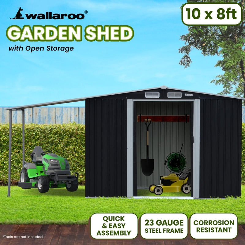 Home & Garden > Storage - Wallaroo 10x8ft Zinc Steel Garden Shed with Open Storage - Black - Garden Yard