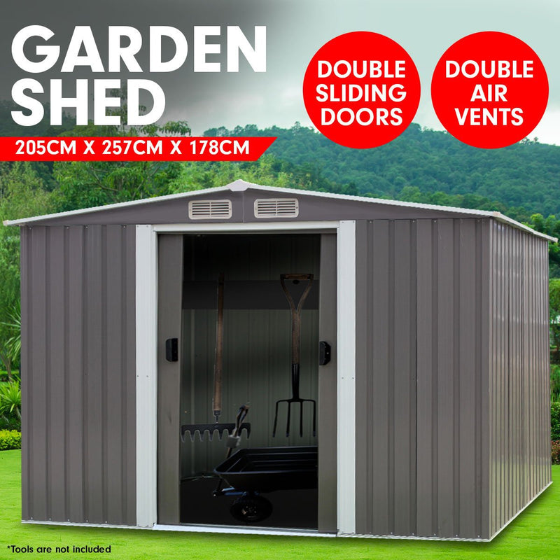 Home & Garden > Storage - Wallaroo Garden Shed Spire Roof 6ft x 8ft Outdoor Storage Shelter - Grey - Garden Yard